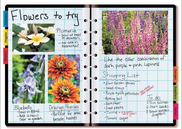 a notebook filled with garden information
