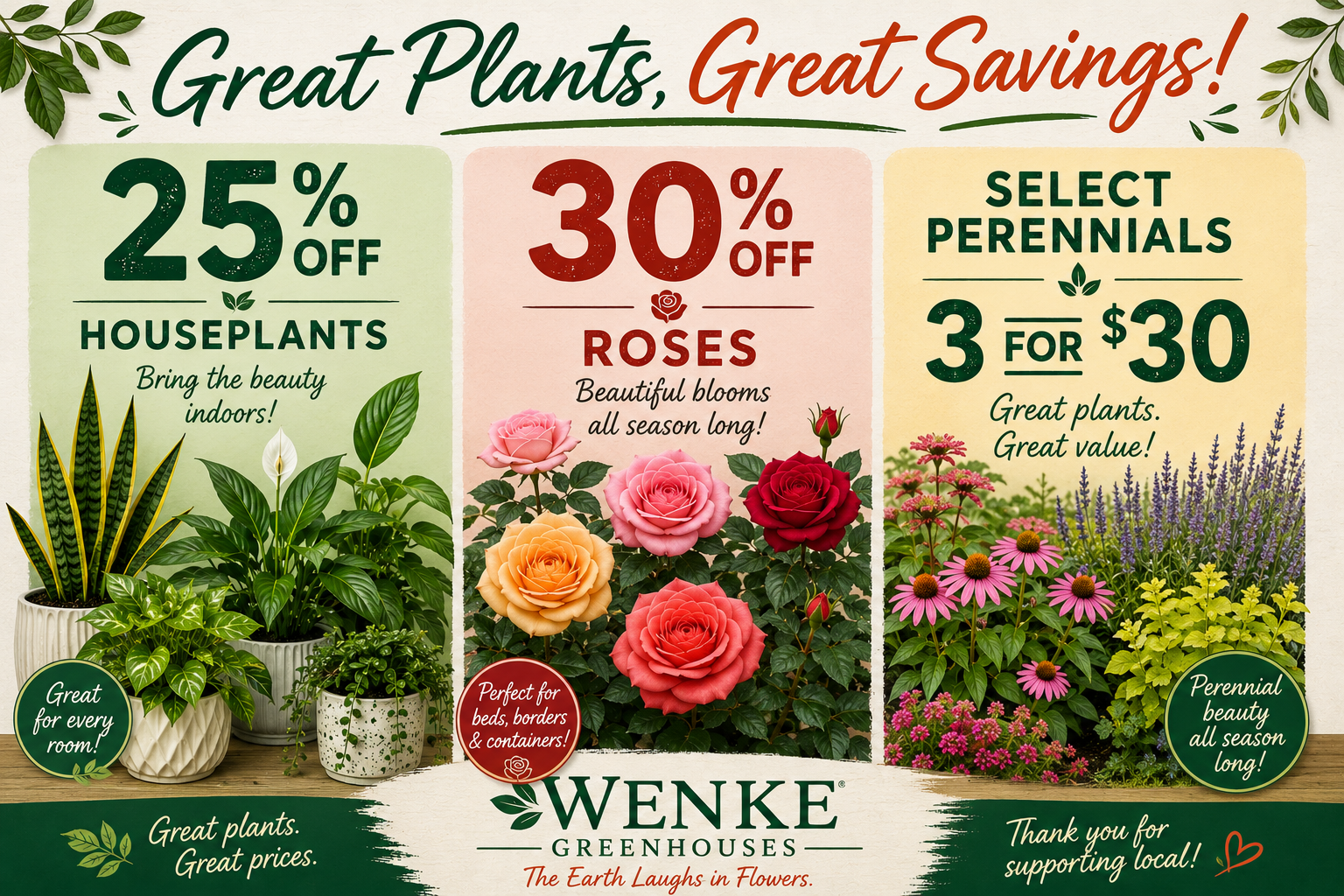 Roses 30% off Houseplants 25% off and Select Perennials 3 for $30